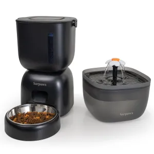 Automatic Cat Feeder and Cat Water Dispenser FW1, Wire or Battery Cat Food Dispenser Timer Pet Feeder - Locking Lid, Desiccant Bag, Programmable Portion Control, 4 Daily Meals, 10s Voice Recorder