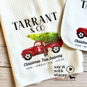 Dogs in Red Truck Christmas Waffle Tea Towels (use breed or family last name ❤️🙌🏻🐶)