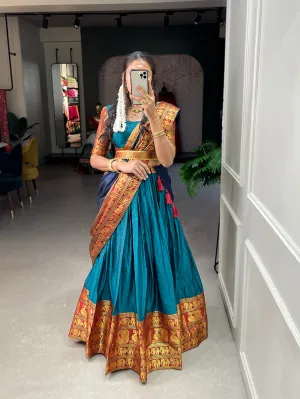 Firozi Color Zari Weaving Work Narayan Pet (Cotton) Kollam Pattu Lehenga Choli