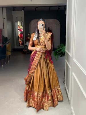 Mustard Color Zari Weaving Work Narayan Pet (Cotton) South Style Lehenga Choli
